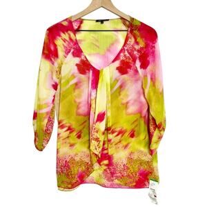 ANNE KLEIN WOMEN LARGE PINK GREEN LONG SLEEVE BLOUSE BRAND NEW 100% POLYESTER